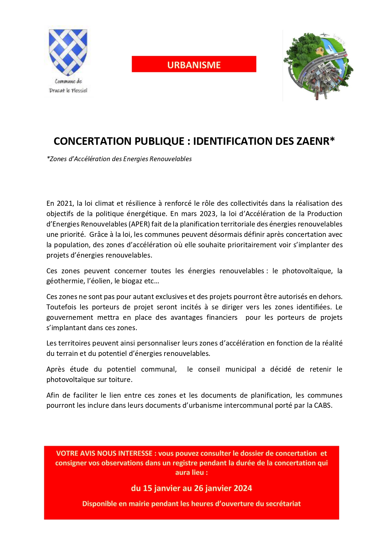 Lire la suite à propos de l’article Enquête publique de concertation pour définir les Zones prioritaires d’Accélération des Energies Renouvelables